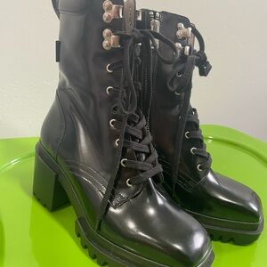 ALLSAINTS INDIGO Lace Up High Heel Combat Boots BLACK PATENT LEATHER US 6 EU 36